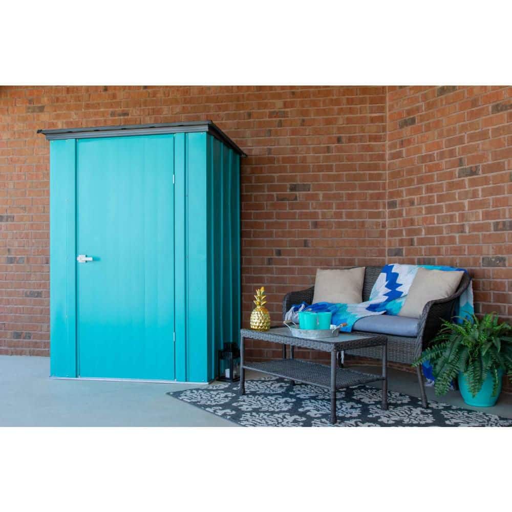 Teal Metal Patio Shed with Tall Walls and Wide Door