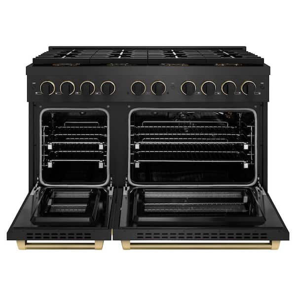Designer 48 in. 6.7 cu. ft. Gas Range with 8 Burner DuoPro Cooktop in Black Satin with Matte Black and Champagne Accents