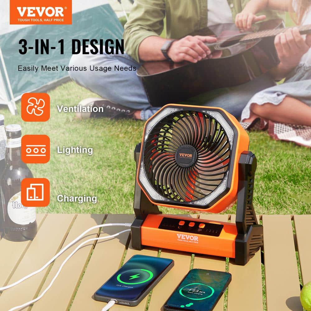 VEVOR 8-Inch Orange Rechargeable Desk Fan with LED Lantern