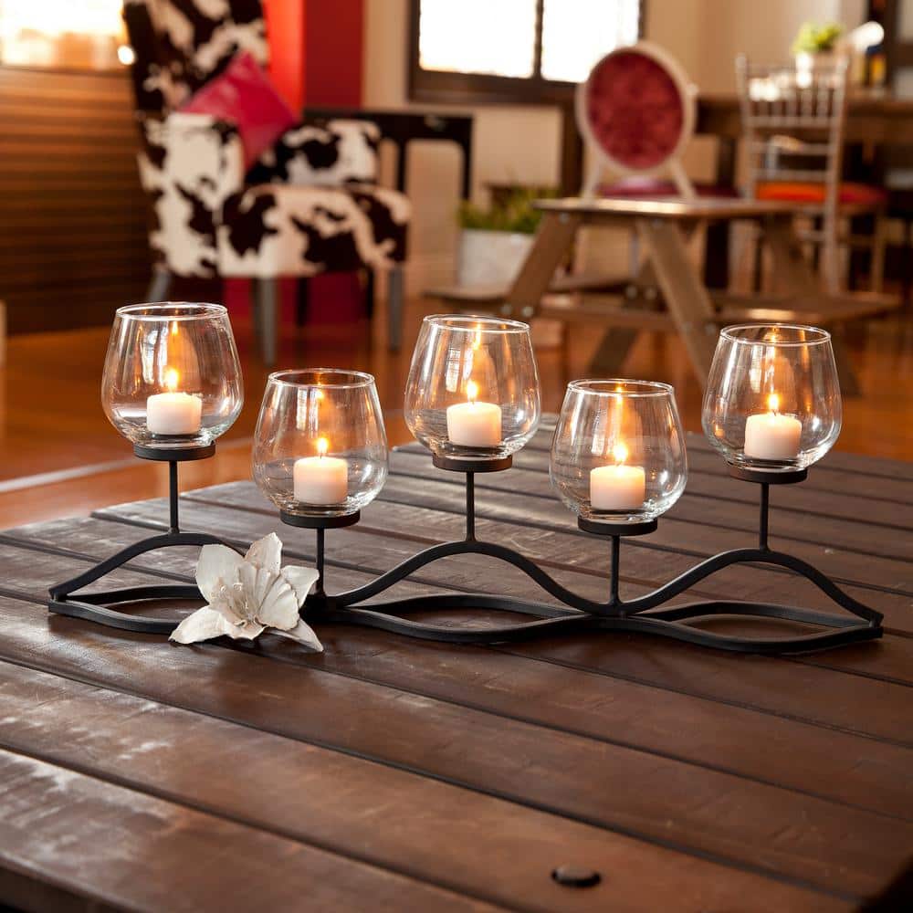 Danya B Wavy Black Iron Multiple Candle Holder With Glass Hurricane Cups Kf829 The Home Depot