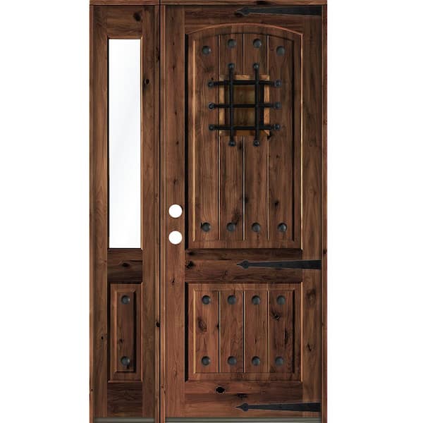 Krosswood Doors 56 in. x 96 in. Mediterranean Knotty Alder Right-Hand/Inswing Clear Glass Red Mahogany Stain Wood Prehung Front Door