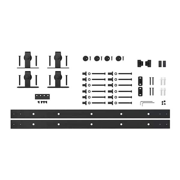 8 ft. Black Solid Steel Top Mount Mini Sliding Barn Door Hardware Kit for Double Furniture Wood Doors (2-piece Rail)