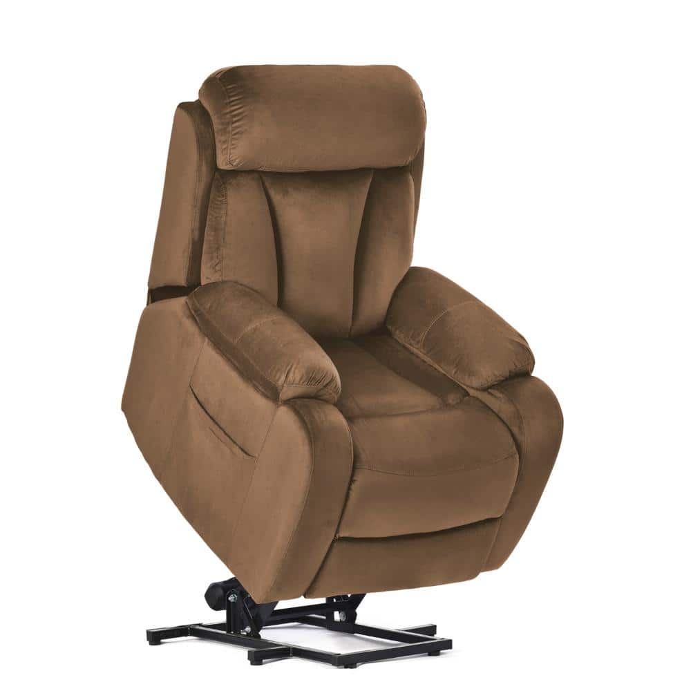 Brown power lift recliner chair from a three-quarter angle.