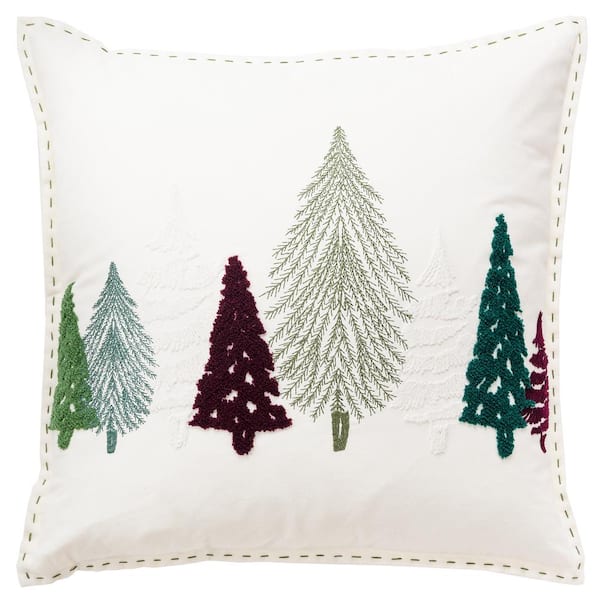 Rizzy Home Holiday Ivory/Multi-Color Trees Cotton Poly Filled Decorative 20 in. x 20 in. Throw Pillow