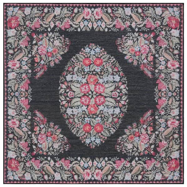 Besarabian Black/Sage 7 ft. x 7 ft. Machine Washable Border Floral Square Area Rug