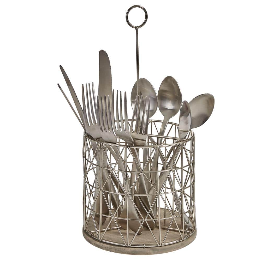 Silver Metal and Wood Portable Utensil Caddy
