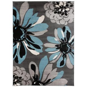 Modern Floral Flowers Blue 5 ft. 3 in. x 7 ft. 3 in. Indoor Area Rug