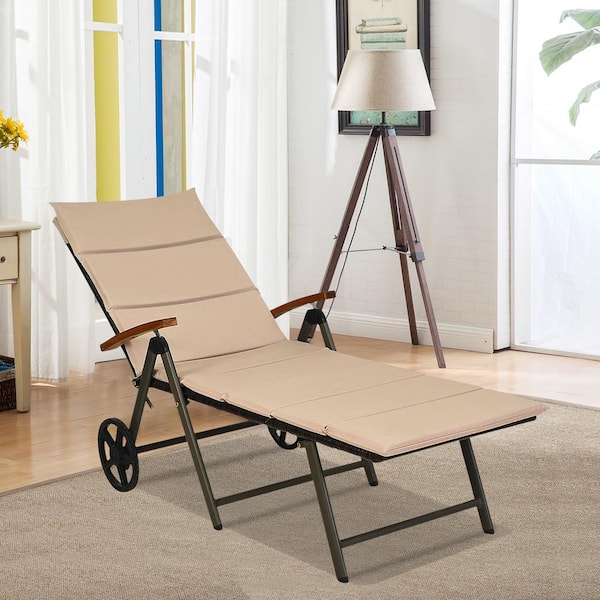 Costway Folding Back Adjustable Aluminum Rattan Patio Outdoor Lounge Chair without Cushion Recliner with Wheels in Brown GHM0615