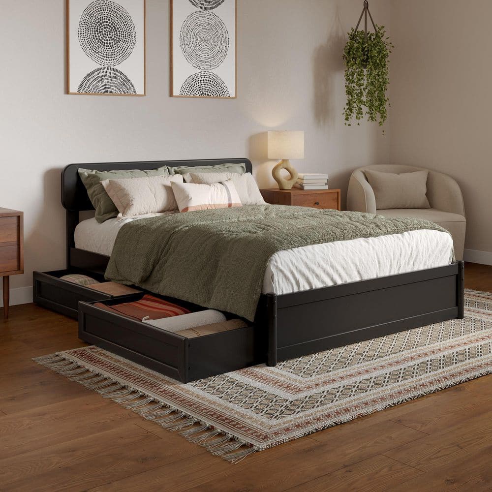 AFI Capri Black Wood Frame Full Platform Bed with Panel Footboard and ...
