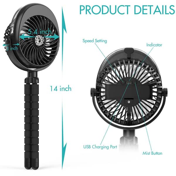 panergy 2500mAh Powered Personal Misting Fan in with Flexible 3 Speed 270° & Rotatable THD-MLF002-BLK - The Home Depot
