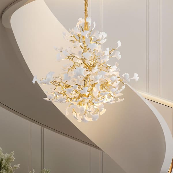 78. 7in. 18-Light Gold Staircase Chandelier, Luxury Ginkgo Chandelier for High-ceiling, Living Room, Foyer