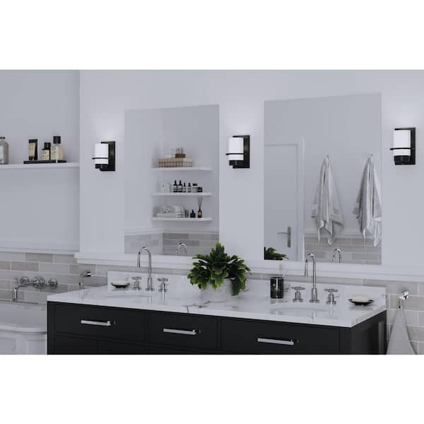 Progress Lighting Reiss 5 in. 1-Light Matte Black Vanity Light with Etched Glass Shade