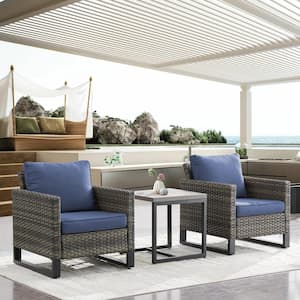 Valenta 3-Piece Gray Wicker Patio Conversaion Set with CushionGuard blue Cushions