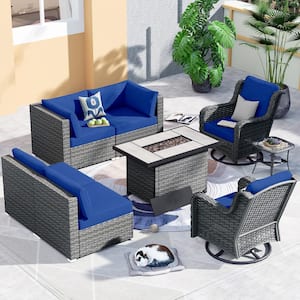Iris Gray 8-Piece Wicker Outdoor Patio Rectangular Fire Pit Set and with Navy Blue Cushions and Swivel Rocking Chairs