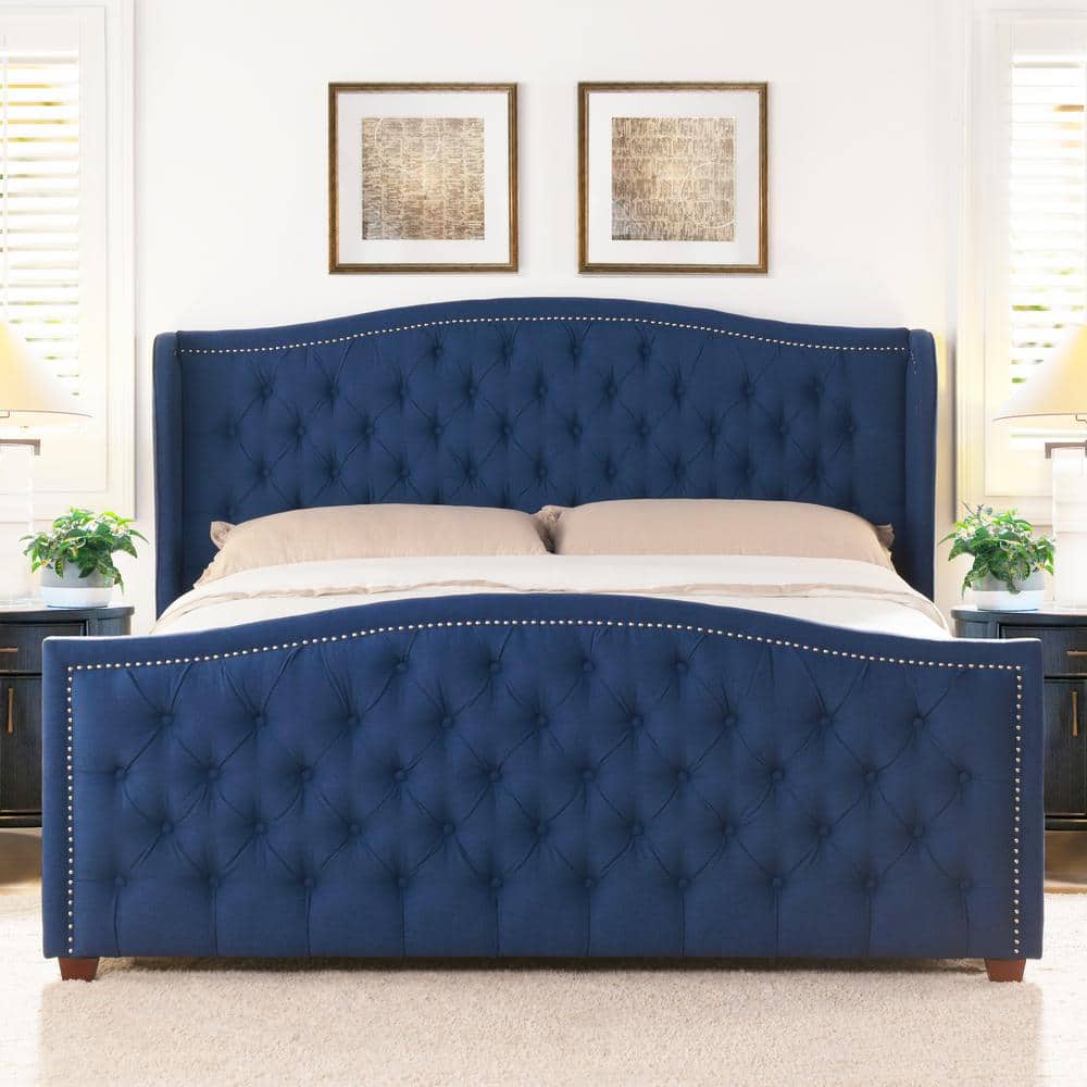 Marcella King-Size Dark Sapphire Blue Tufted Wingback Bed with Nailhead Trim