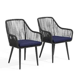 OC Orange Casual Wicker Black Outdoor Dining Chairs, Blue Cushions (Set of 2)