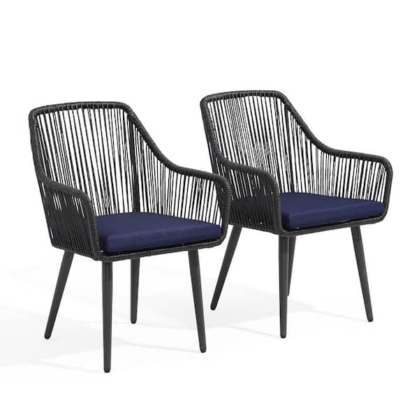 Freestyle Wicker Black Outdoor Dining Chairs, Blue Cushions (Set of 2)