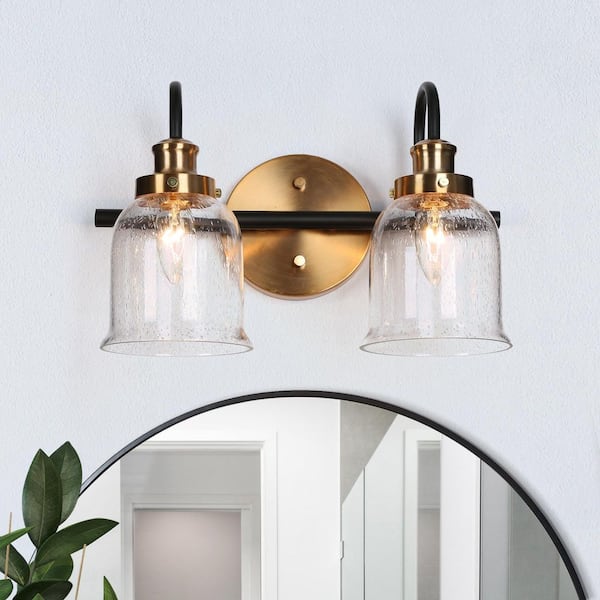 Zevni 13 in. 2-Light Seeded Glass Bathroom Vanity Light, Modern Brass Plated and Matte Black Bath Light, Linear Light Fixture