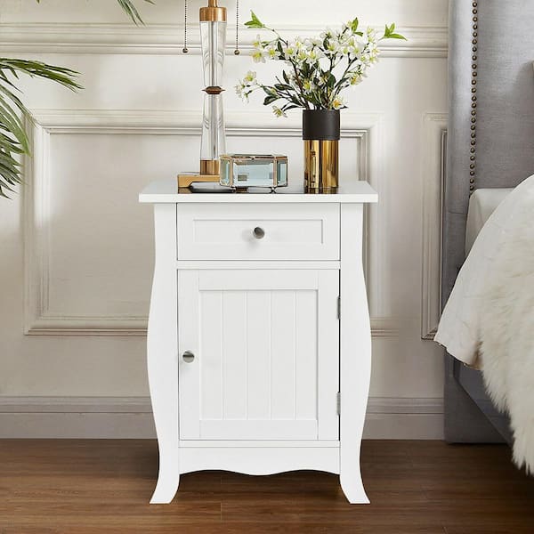 Gymax White 2-Piece Accent End Table with Drawer Storage Cabinet Nightstand 23.5 in. H x 17.5 in. W x 14 in. D