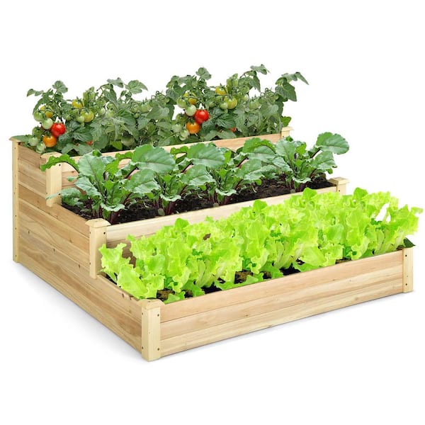 Costway 48 in. x 48 in. x 22 in. 3-Tier Natural Raised Garden Bed Wood Planter Kit for Flower Vegetable Herb