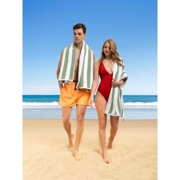 Cabana Stripe Oversized Cotton Beach Towel, Set Of 2, Dark Green