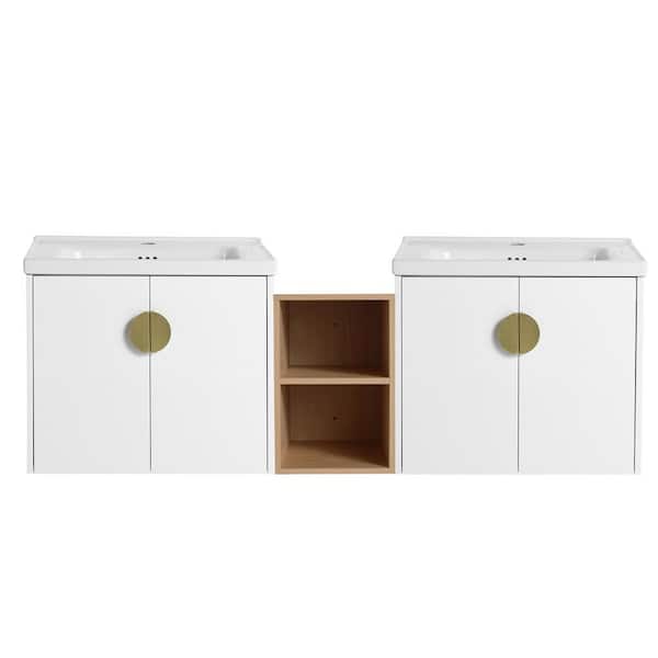 Boosicavelly 59.60 in. W 18.50 in. D 20.70 in. H Double Sink Wall Mounted Bath Vanity in Gloss White with White Ceramic Top