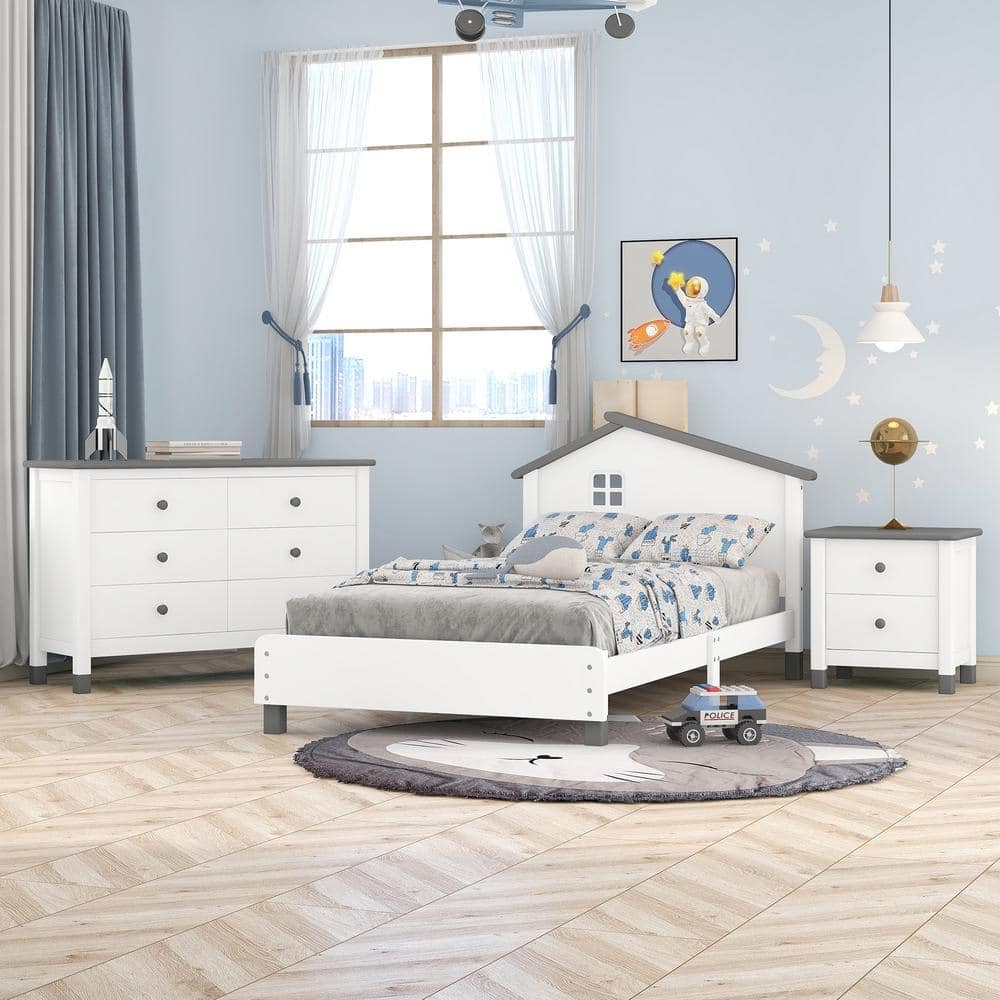 3-Piece Grey Wood Bedroom Set Twin Size Platform Bed with Modern Nightstand