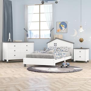3-Piece Grey Wood Bedroom Set Twin Size Platform Bed with Modern Nightstand and 6-Drawer Storage Dresser