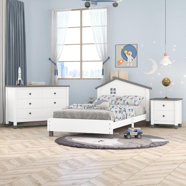 3-Piece Grey Wood Bedroom Set Twin Size Platform Bed with Modern ...