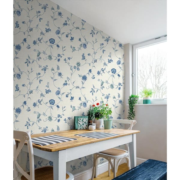 French Blue Florale Trail Paper Unpasted Nonwoven Wallpaper Roll 60.75 sq. ft.