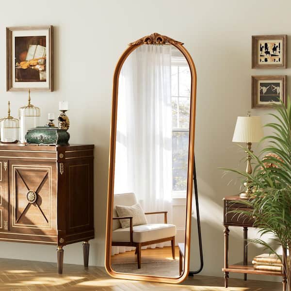 Walnut 24 in. W x 65 in. H Arch Rounded Corner Carved Top Brown Wood Frame Full Length Floor Mirror