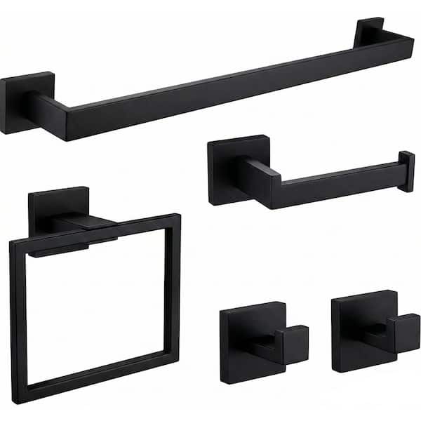 5-Piece Bath Hardware Set Bathroom Accessories Set with Toilet Paper Holder, Hooks, Towel Rack in Matte Black