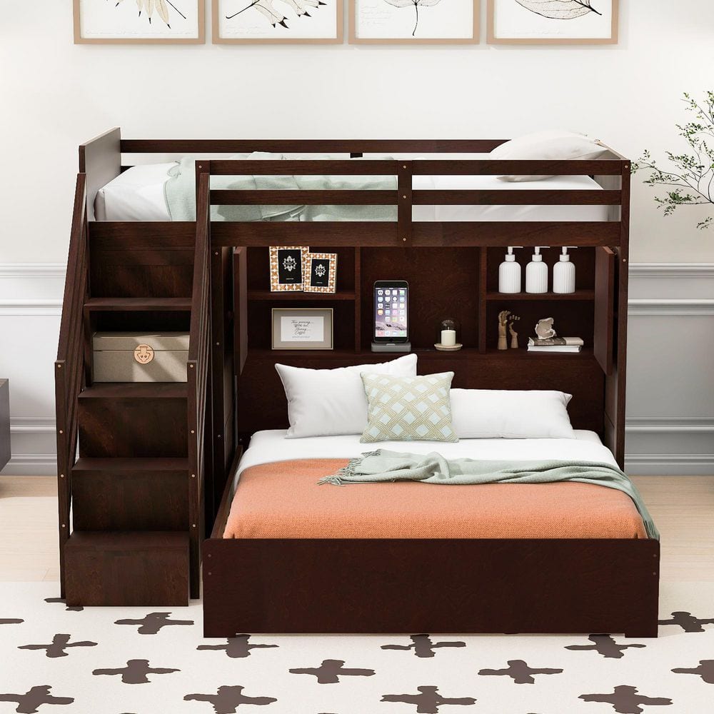 Polibi Espresso Twin over Full Bunk Bed with Storage Stairs and ...