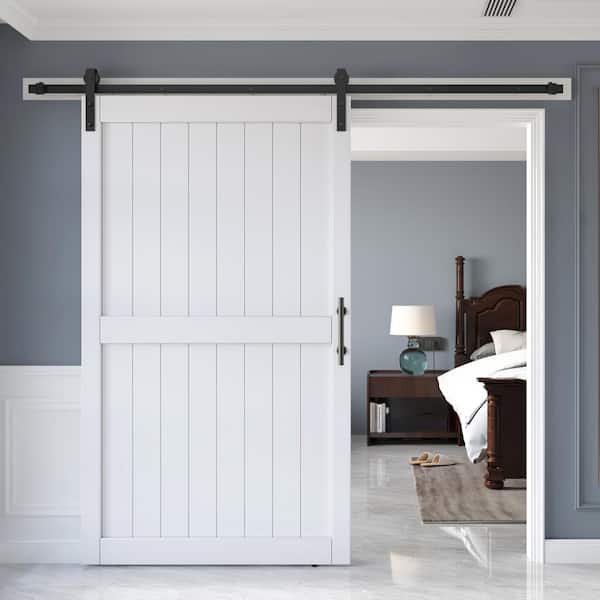 easelife 48 in. x 84 in. White Paneled H Shape Solid MDF Sliding Barn Door with Hardware Kit
