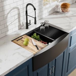 33 in. Farmhouse/Apron-Front Double Bowl 18 Gauge Black Stainless Steel Workstation Kitchen Sink with Spring Neck Faucet
