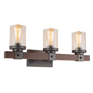 3-Lights Woodgrain Wall Lights, Vintage Wall Light Fixtures, Farmhouse Wall Lamp, Indoor Wall Sconce with Glass Shade