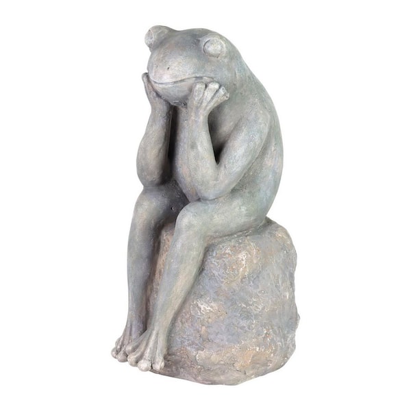 17.5 in. Gray Fiberglass Frog Sitting On Stone Garden Statue