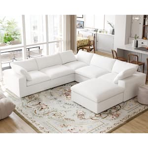 120 in. Square Arm 6-Piece Suede Rectangle Sectional Sofa Seperable L-Shape Corner Couch with Ottoman in Beige