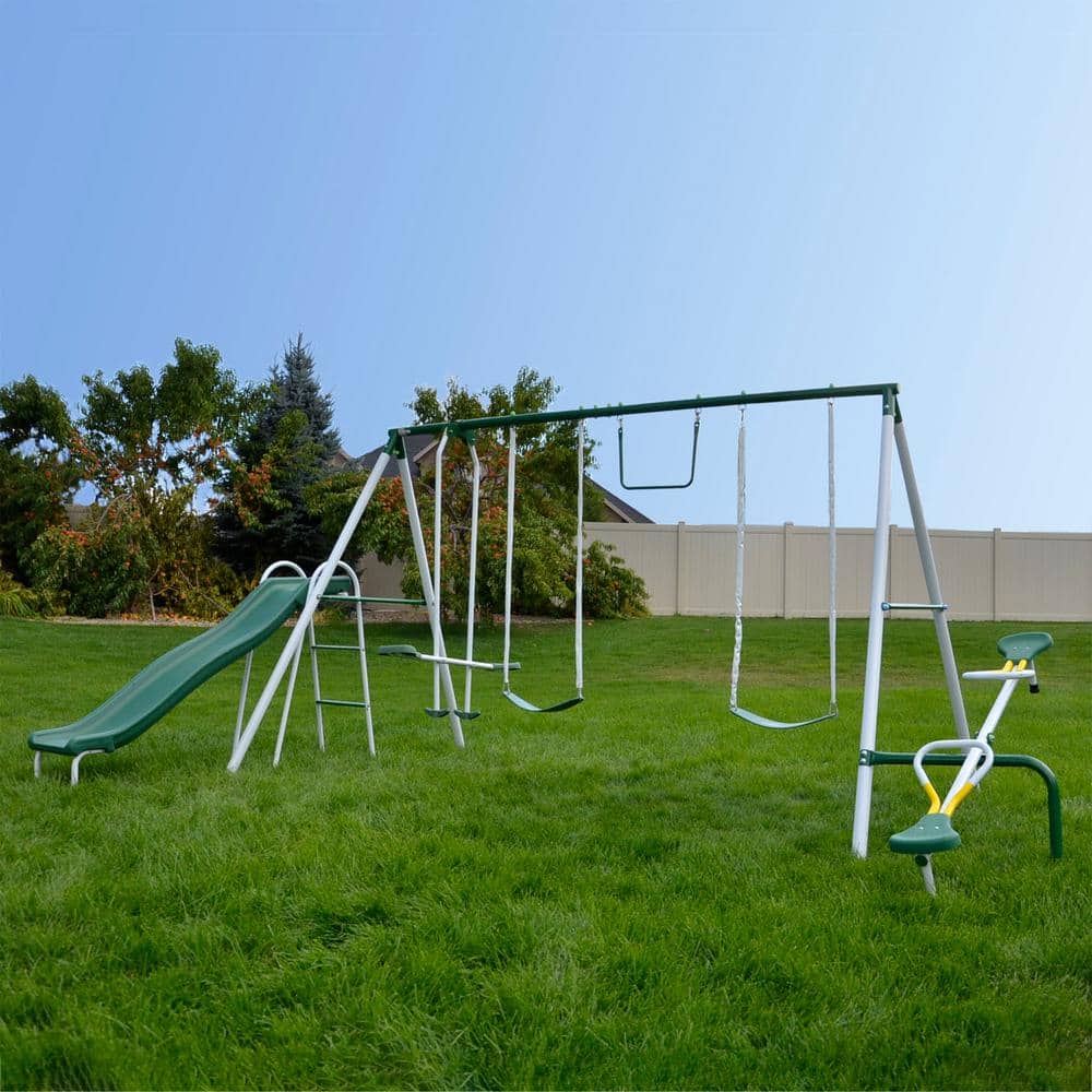 Live Oak White and Green Metal Swing Set with Slide