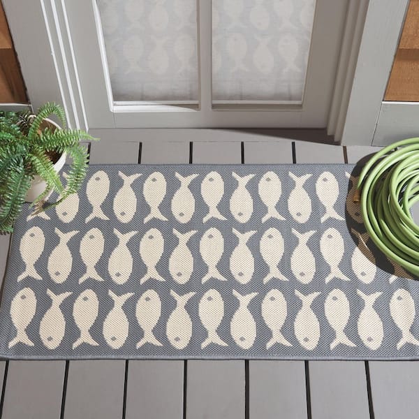 Courtyard Gray/Beige 2 ft. x 4 ft. Geometric Fish Indoor/Outdoor Area Rug
