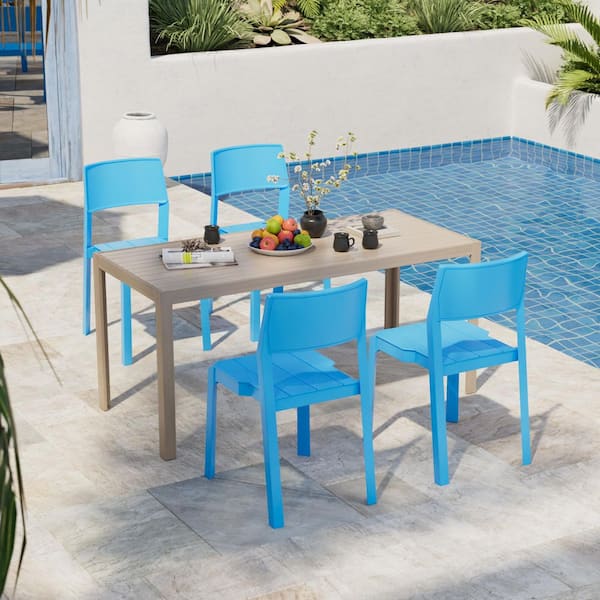 Stackable Dining Chairs Set of 4, Plastic Blue Indoor Outdoor Patio Chairs with Wide Seat & Curved Back, No Assembly