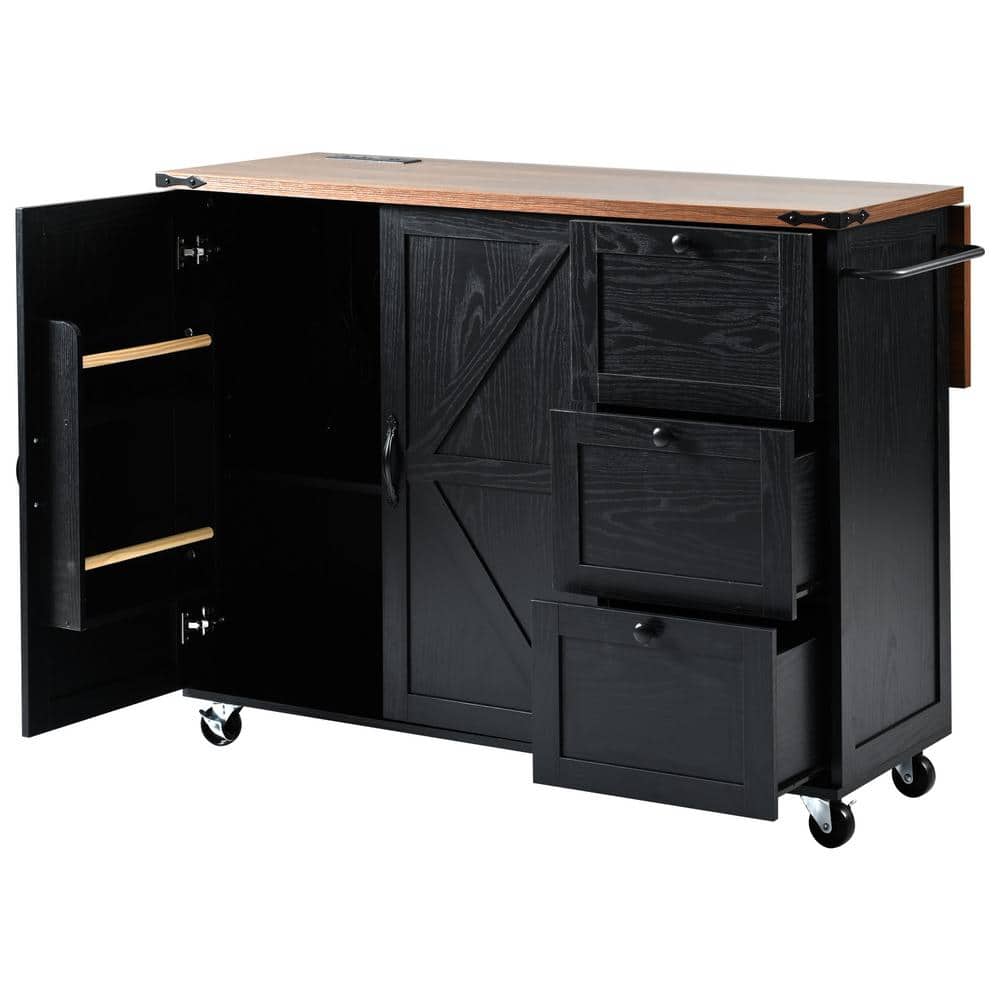 Black Wood 54.5 in. Kitchen Island with Drawers, Rolling Kitchen Cart on Wh