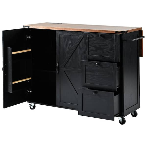 Black Wood 54.5 in. Kitchen Island with Drawers, Rolling Kitchen Cart ...