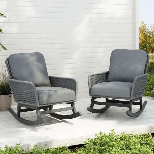 Unbranded Gray Wicker Contemporary Outdoor Rocking Chair with Gray Cushions and Durable Wooden Frame for Patio, Balcony (2-Pack)