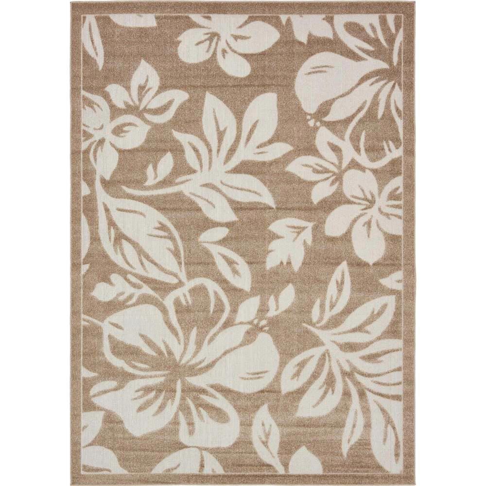 Beige Floral Synthetic Rectangular Washable Area Rug 7' x 10'