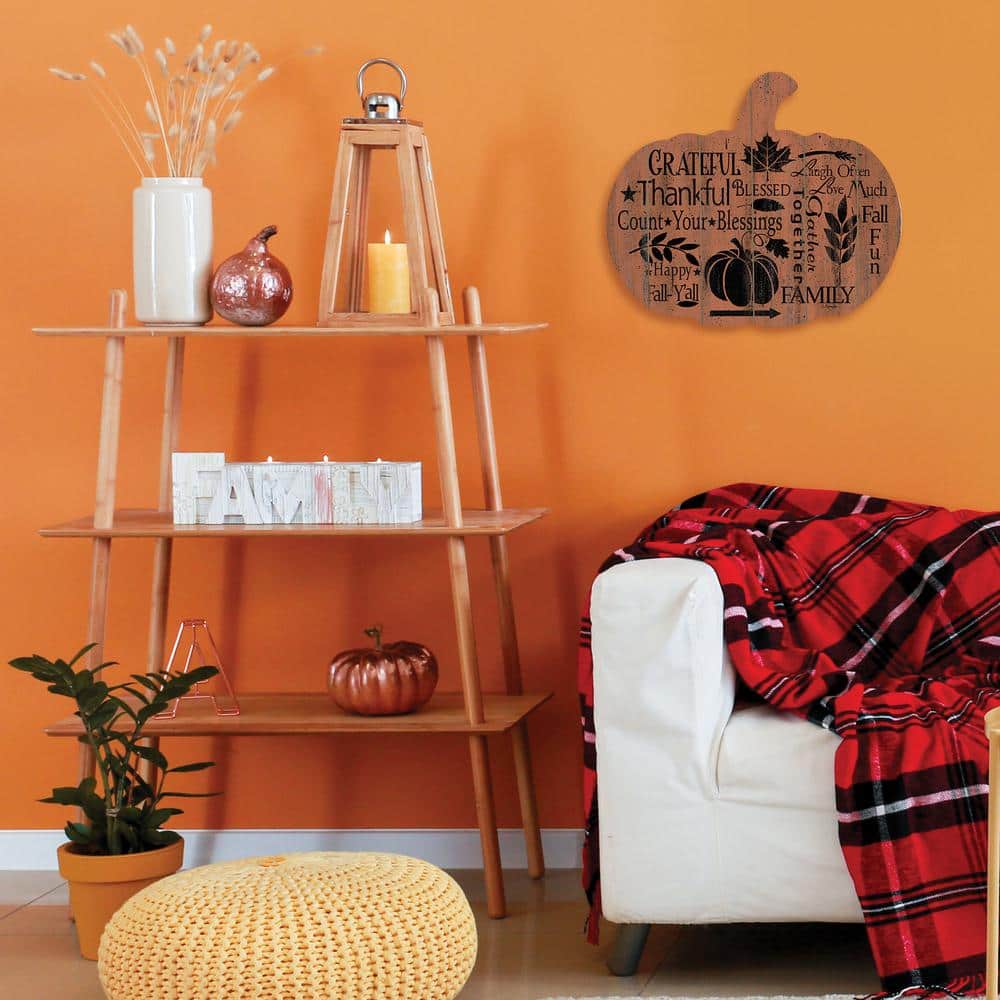1 Piece Unframed Wood Orange and Black Fall Sentiments Pumpkin Hanging Than