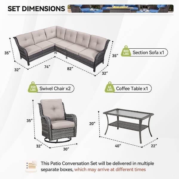 5-Piece Gray Wicker Patio Conversation Set with Olefin Beige Cushions L-Shaped Sofa with Coffee Table/Swivel Patio Chair