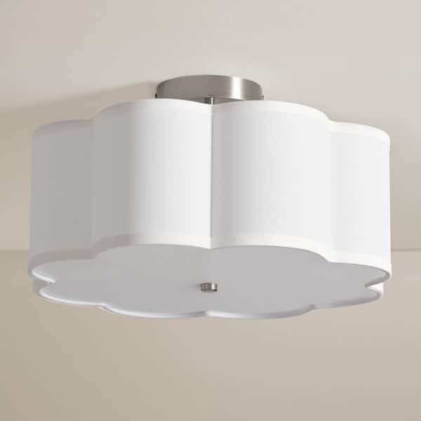 16 in. 3-Light Nickel LED Semi-Flush Mount Ceiling Light Fixture with Petal Fabric Shade E26 Bases