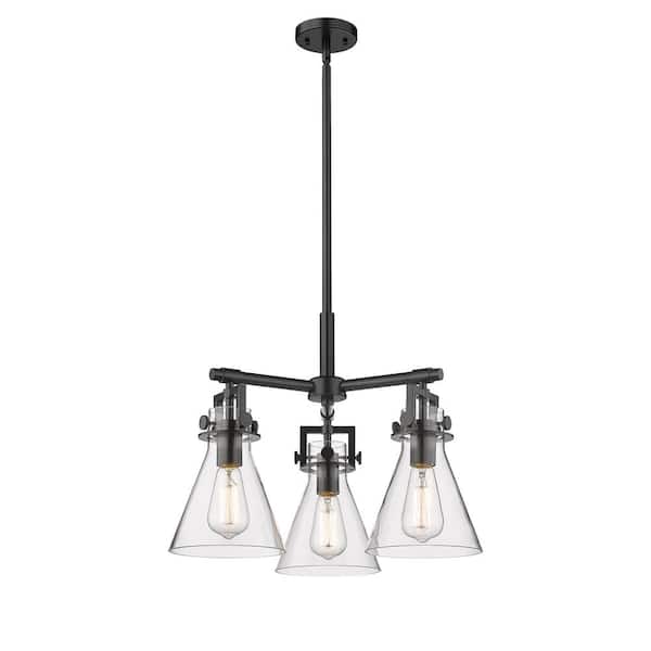 Newton Cone 100-Watt 3-Light Matte Black Shaded Mini Pendant Light with Clear Glass Shade
