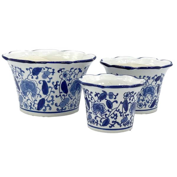 Unbranded Set of 3 Blue & White Floral Ceramic Pots Ruffled Lip